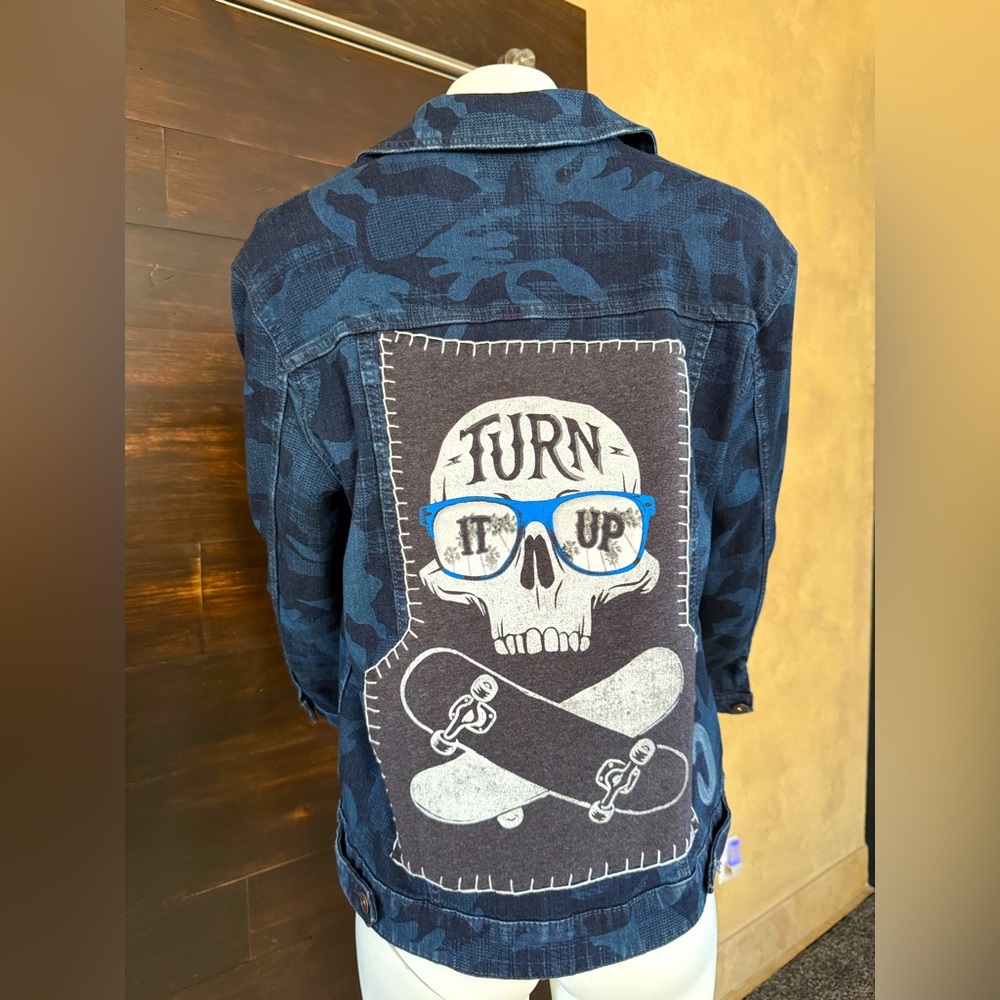 Upcycled EV1 Camouflage Skull Denim Jacket (Turn It Up) -Blue/Black, Size Small